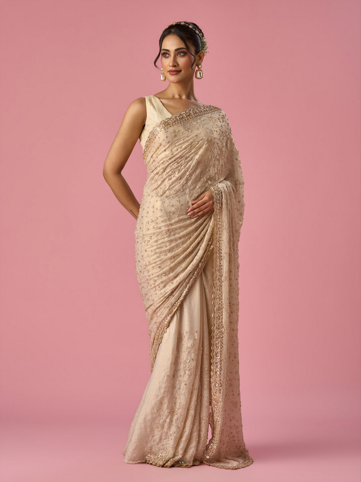 Mohey Women Cream Chiffon Saree with Hand Embroidery
