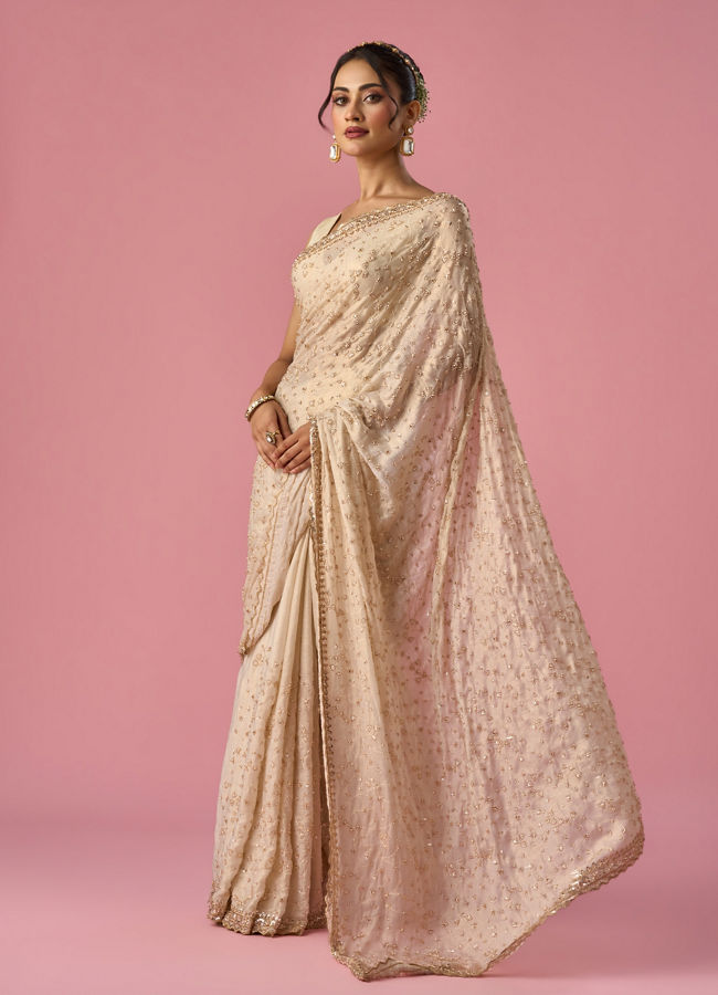 Mohey Women Cream Chiffon Saree with Hand Embroidery