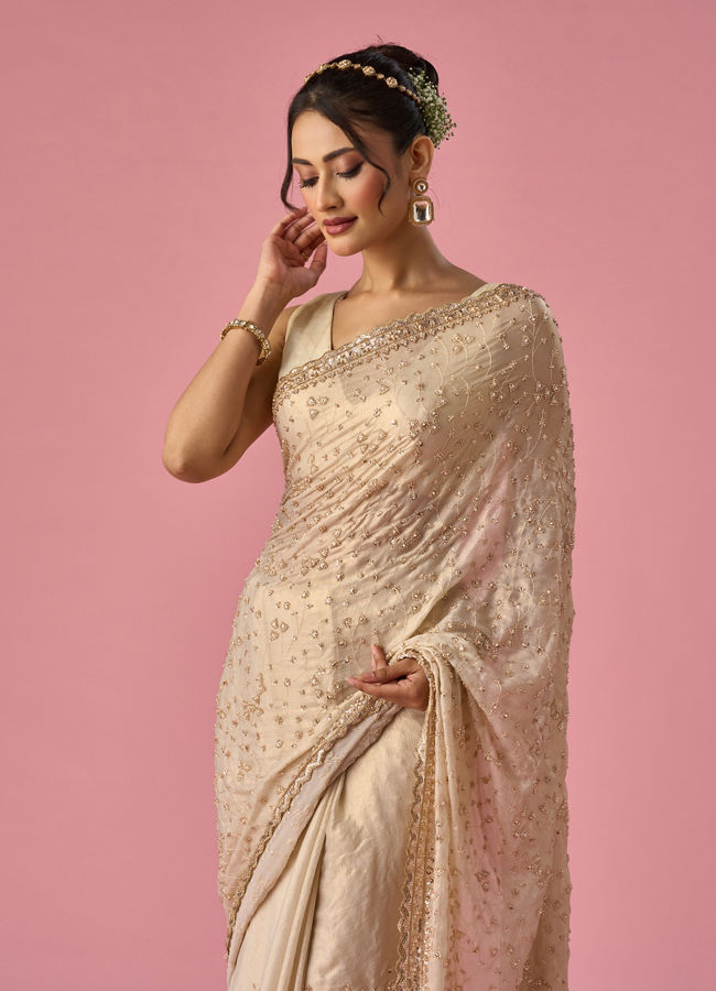 Mohey Women Cream Chiffon Saree with Hand Embroidery
