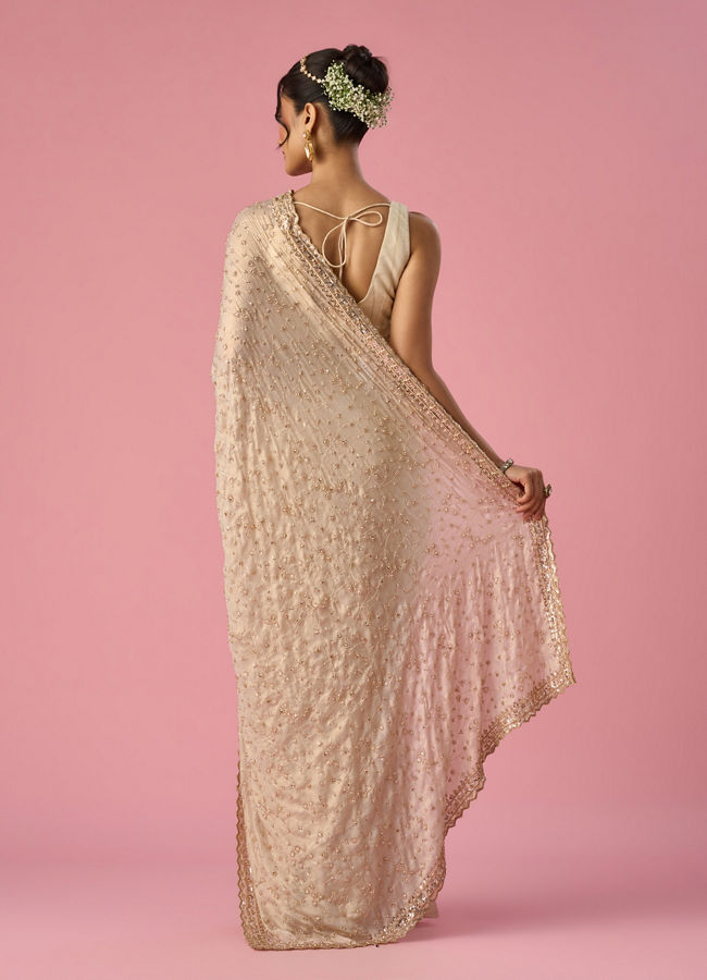 Mohey Women Cream Chiffon Saree with Hand Embroidery