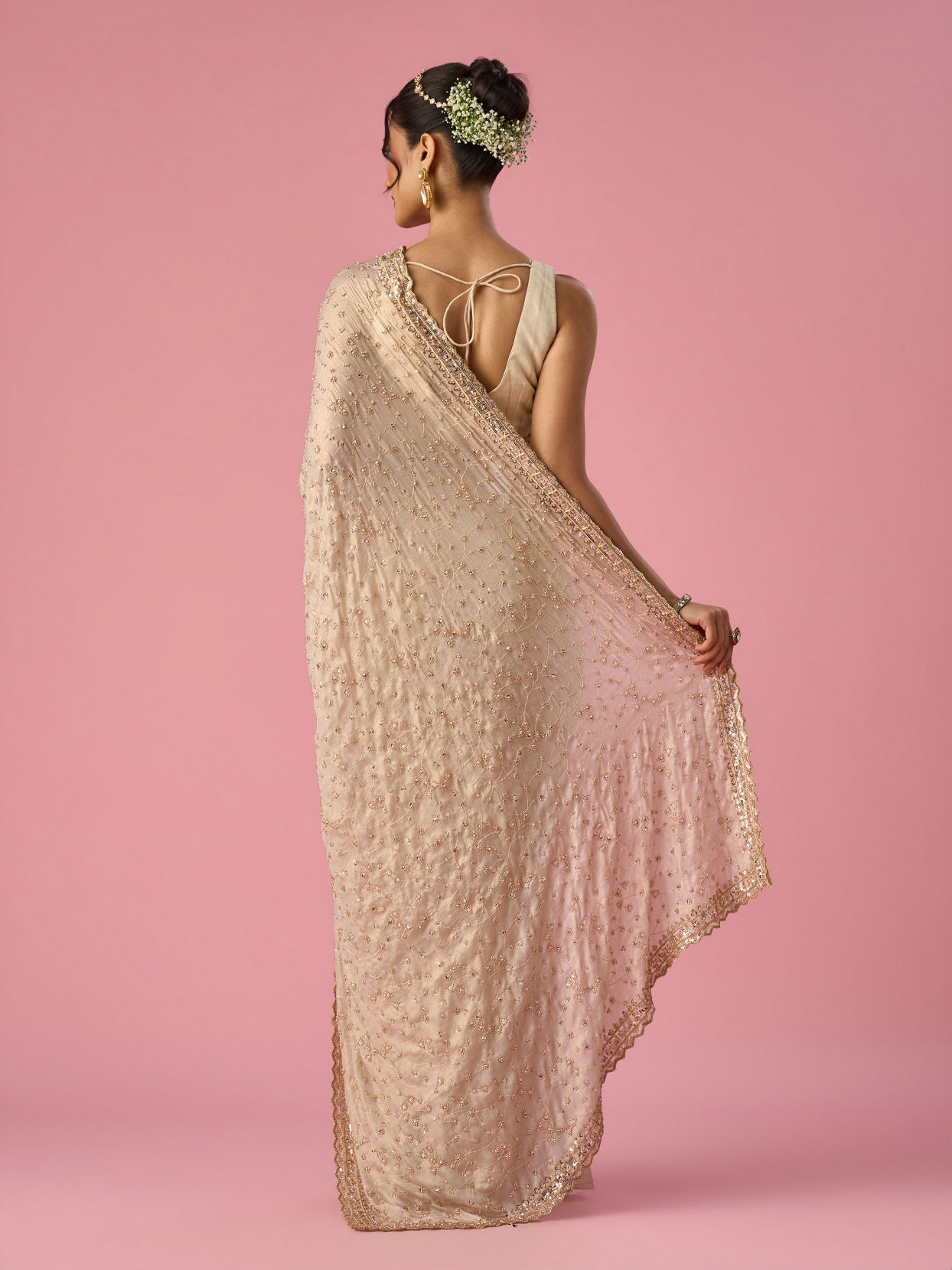 Mohey Women Cream Chiffon Saree with Hand Embroidery