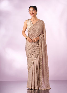 Mohey Women Fawn Chiffon Saree with Hand Embroidery