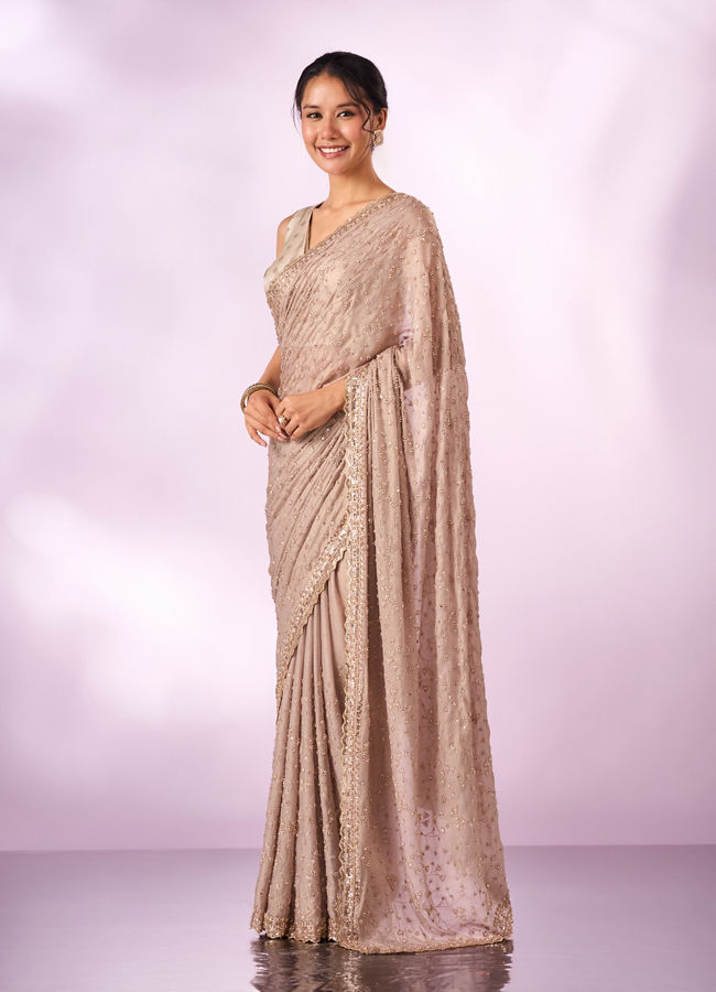 Mohey Women Fawn Chiffon Saree with Hand Embroidery