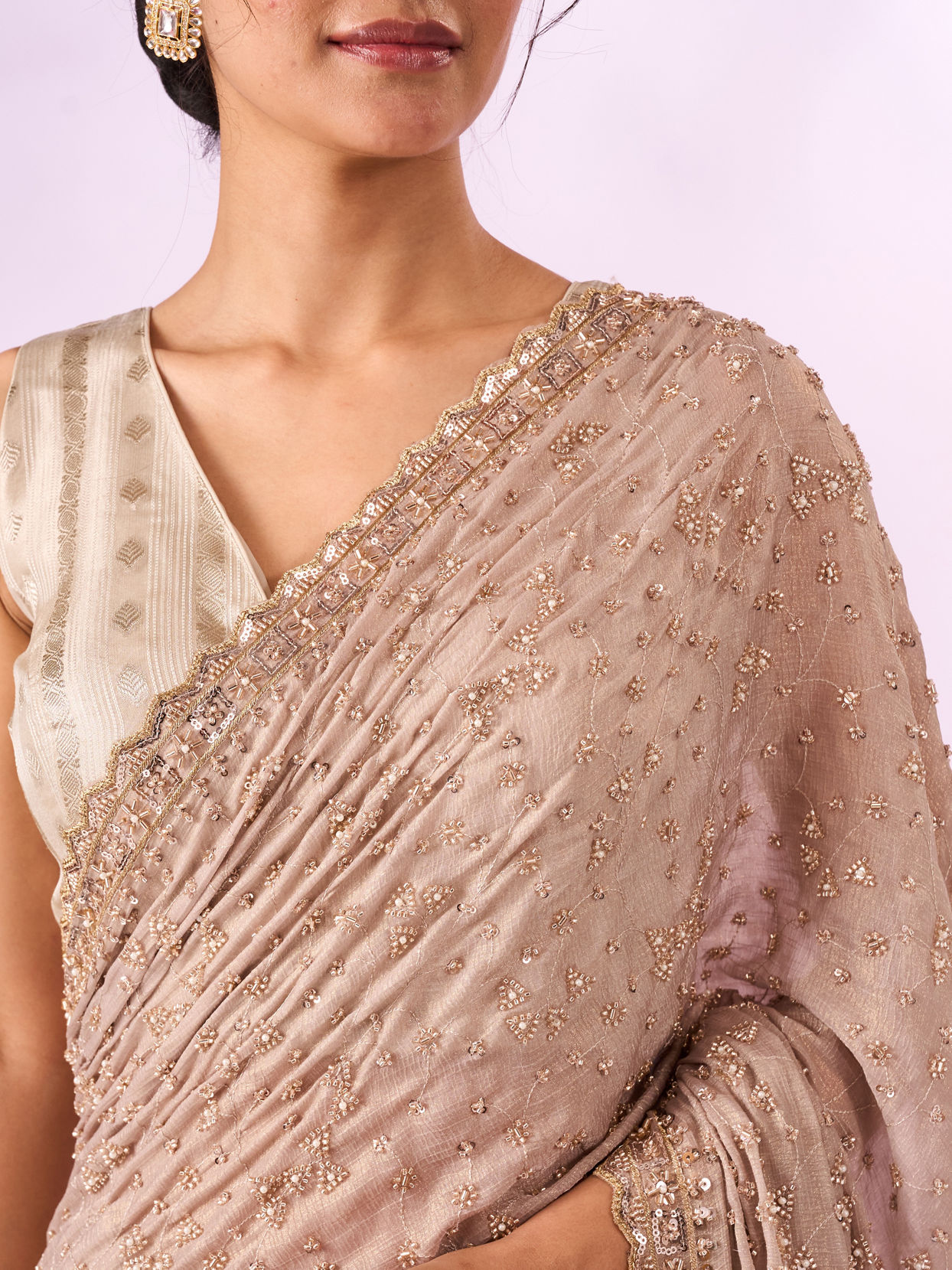 Mohey Women Fawn Chiffon Saree with Hand Embroidery
