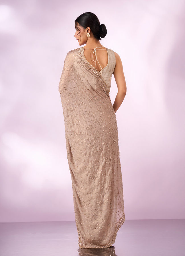 Mohey Women Fawn Chiffon Saree with Hand Embroidery