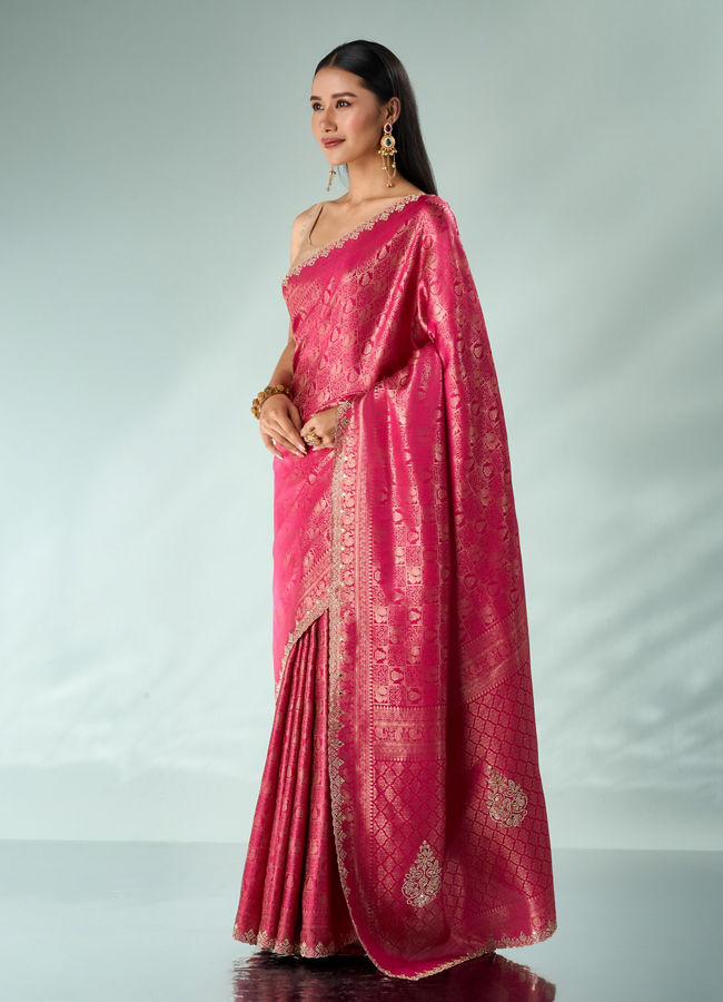 Mohey Women Pink Silk Saree with Mirror and Stone Work