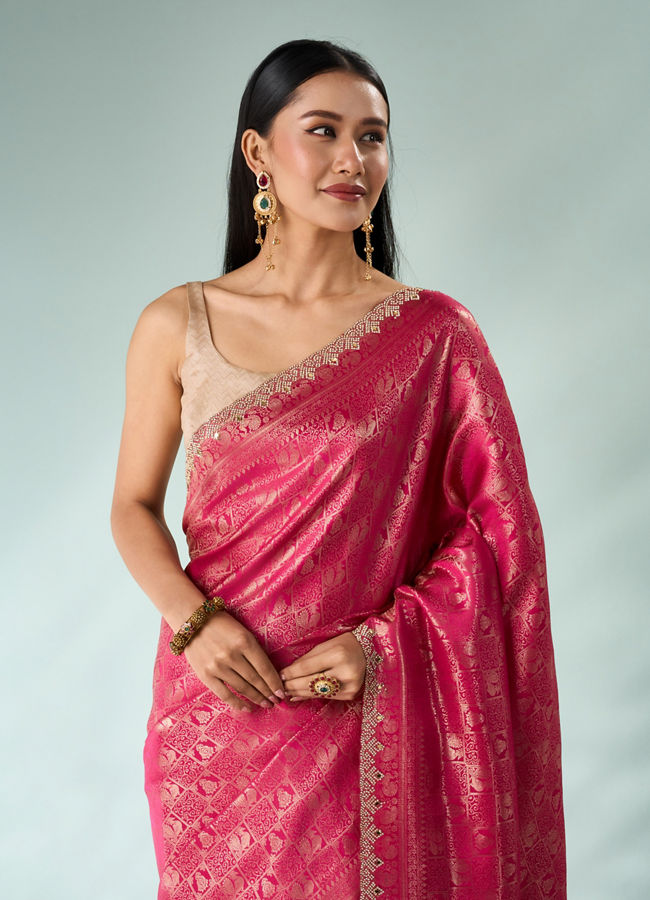 Mohey Women Pink Silk Saree with Mirror and Stone Work