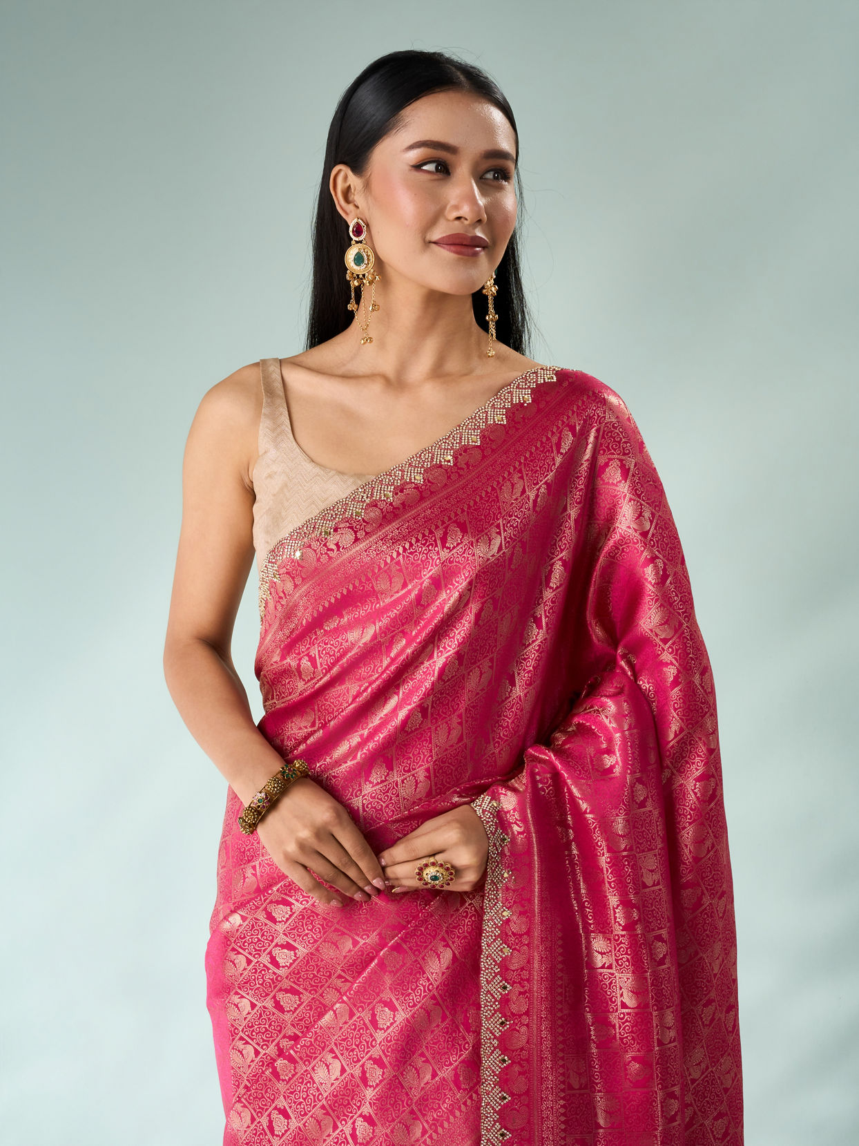Mohey Women Pink Silk Saree with Mirror and Stone Work