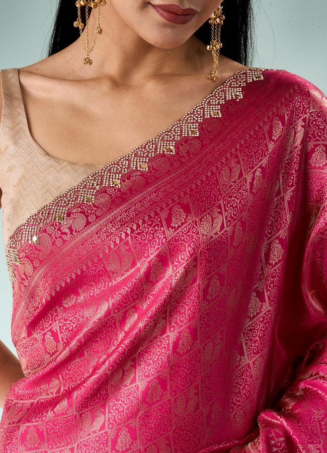 Mohey Women Pink Silk Saree with Mirror and Stone Work