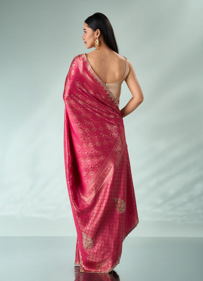 Mohey Women Pink Silk Saree with Mirror and Stone Work