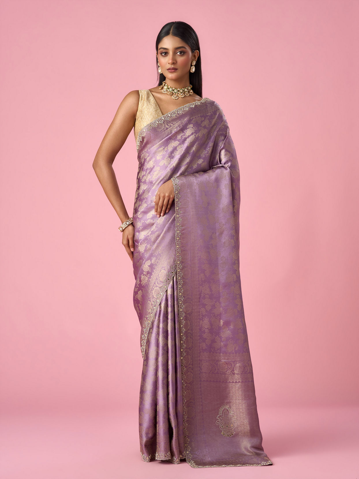 Mohey Women Purple Silk Saree with Mirror and Stone Work