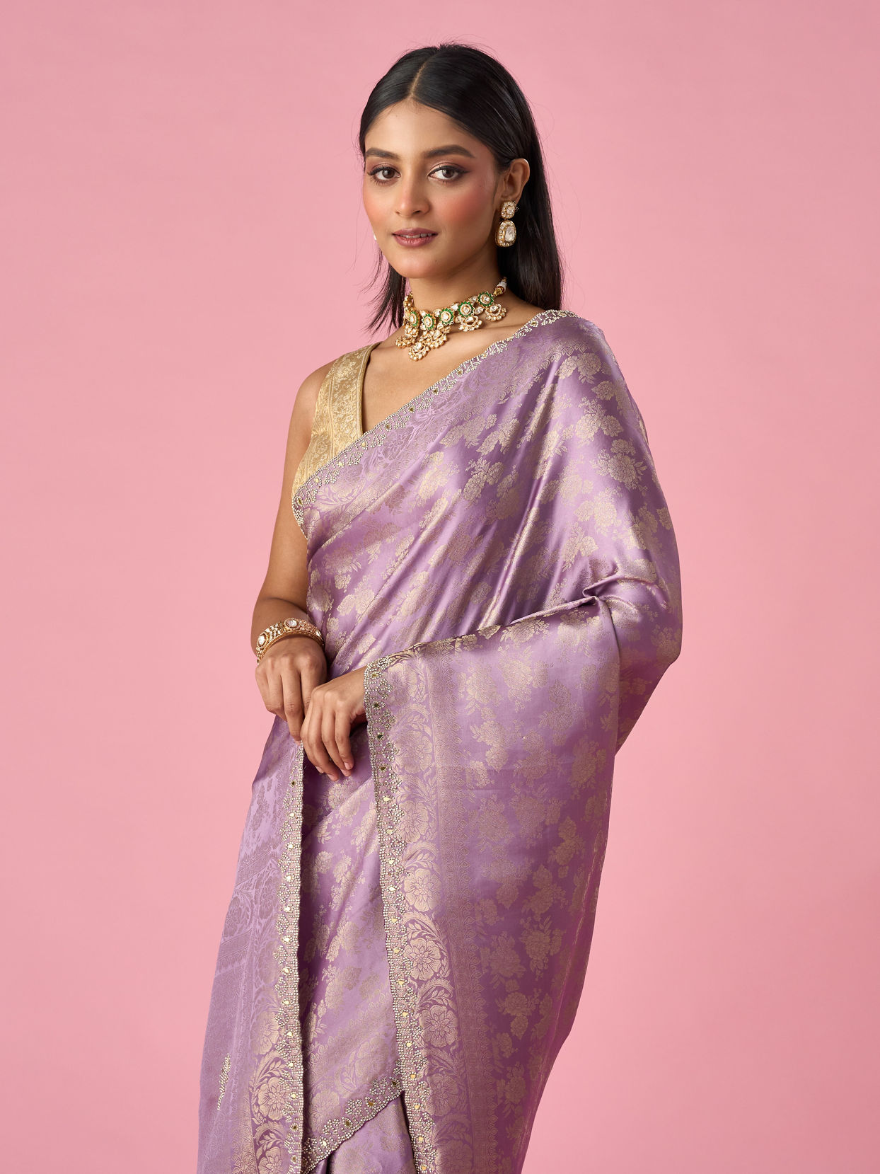 Mohey Women Purple Silk Saree with Mirror and Stone Work