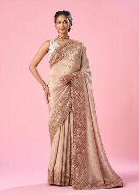 Mohey Women Light Pink Organza Saree with Hand Embroidery