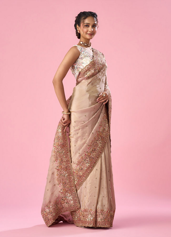 Mohey Women Light Pink Organza Saree with Hand Embroidery
