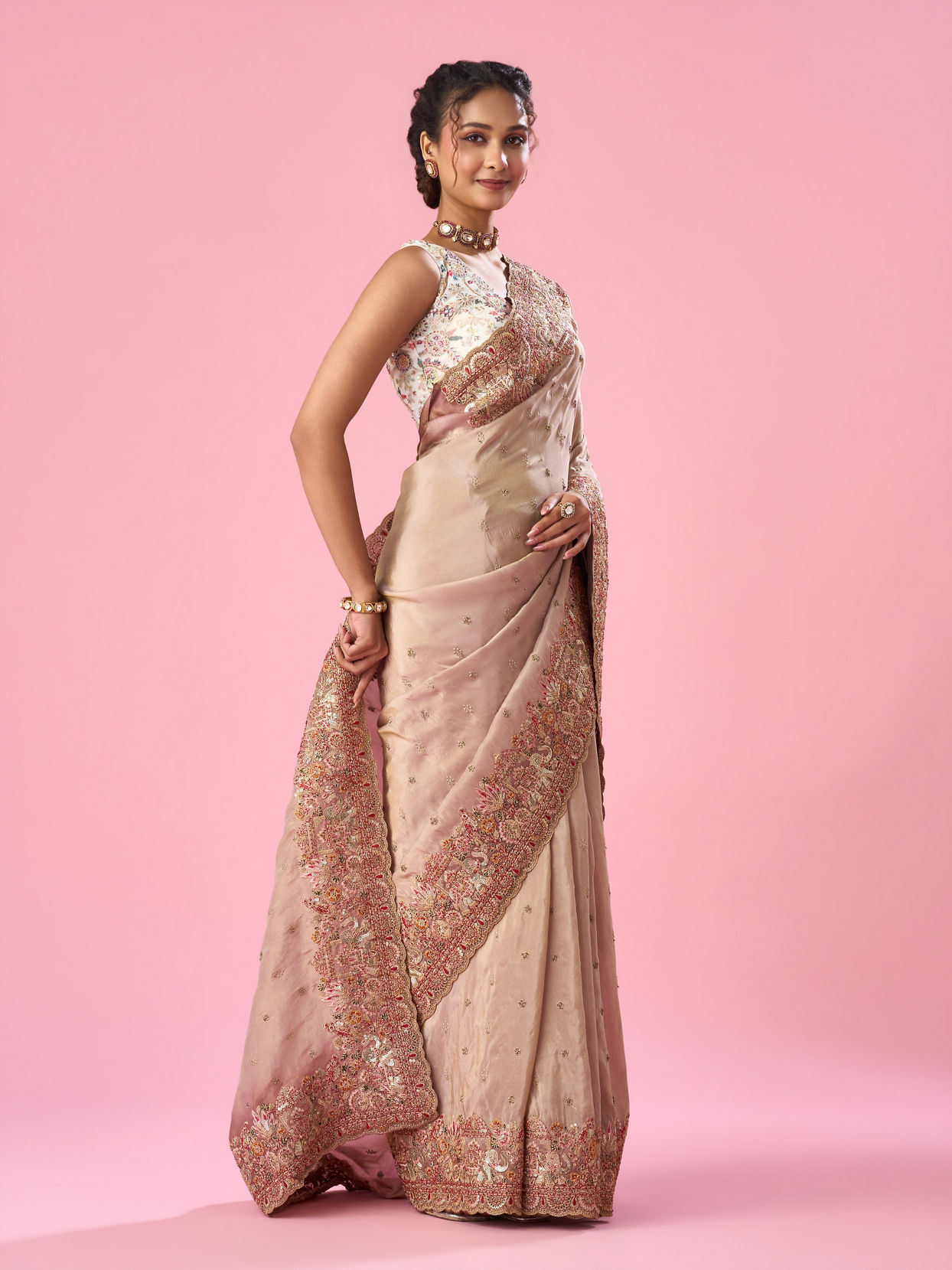 Mohey Women Light Pink Organza Saree with Hand Embroidery