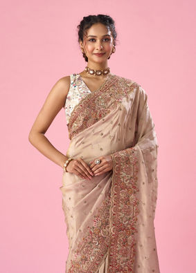 Mohey Women Light Pink Organza Saree with Hand Embroidery