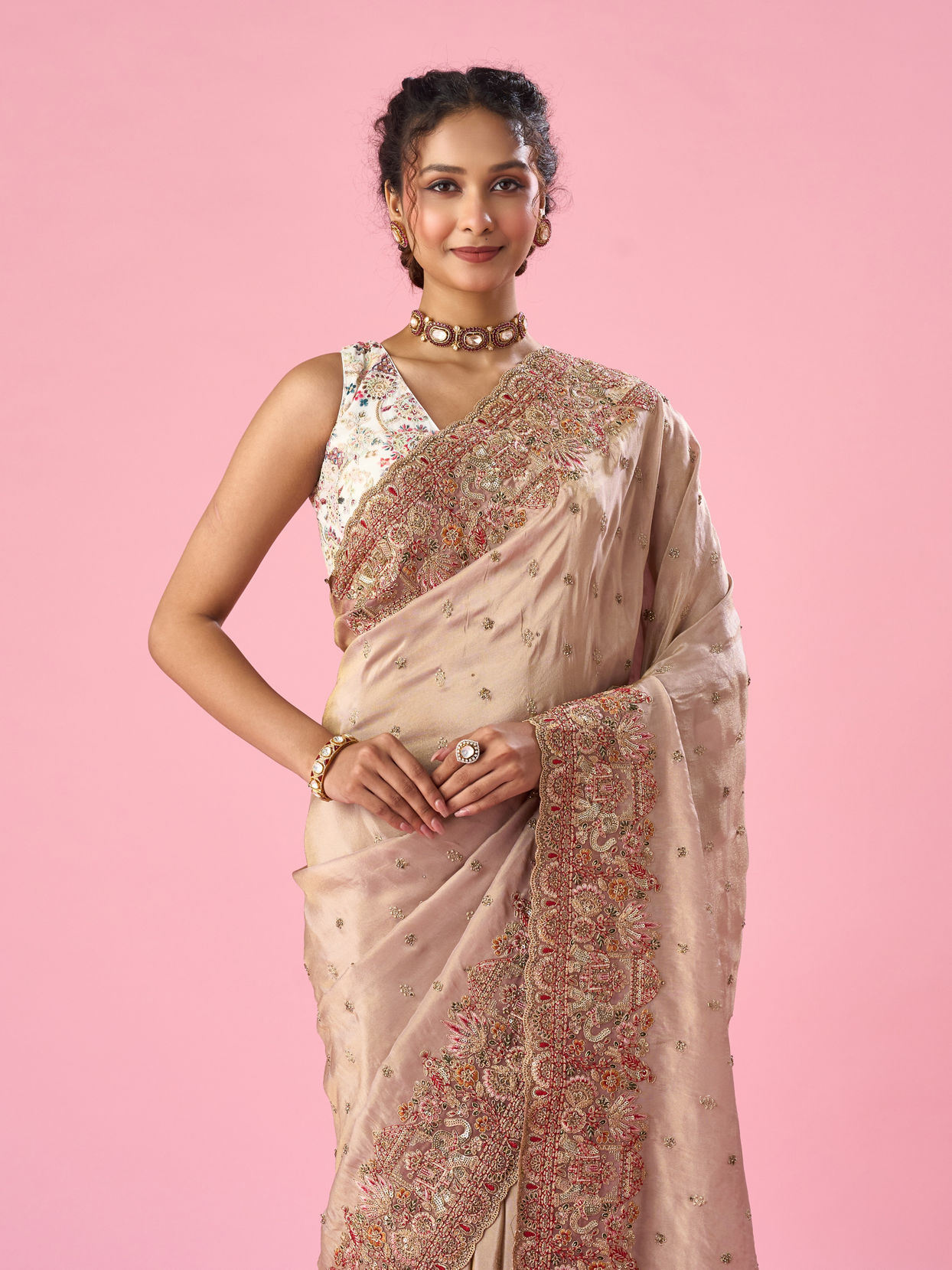 Mohey Women Light Pink Organza Saree with Hand Embroidery