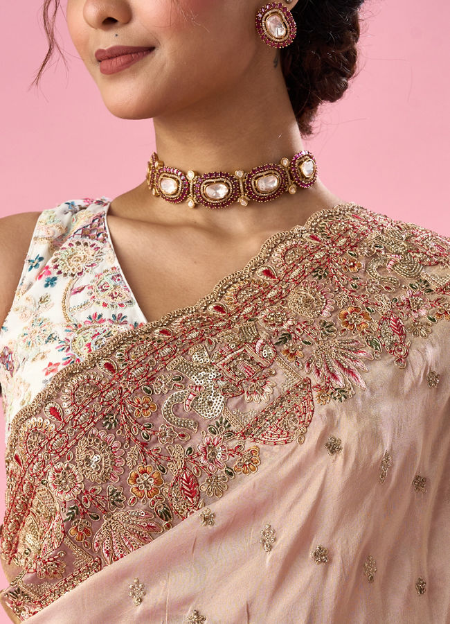 Mohey Women Light Pink Organza Saree with Hand Embroidery