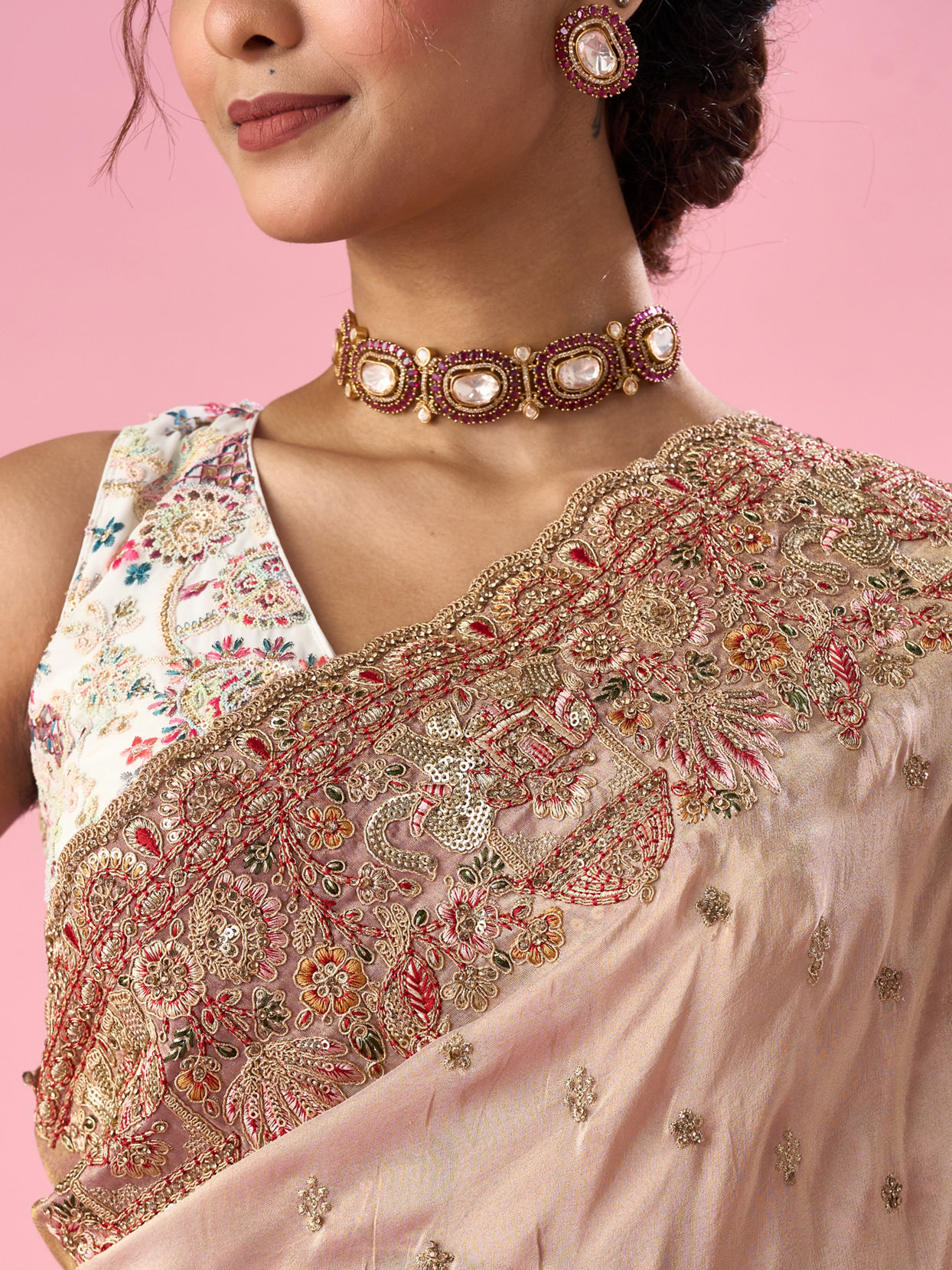 Mohey Women Light Pink Organza Saree with Hand Embroidery