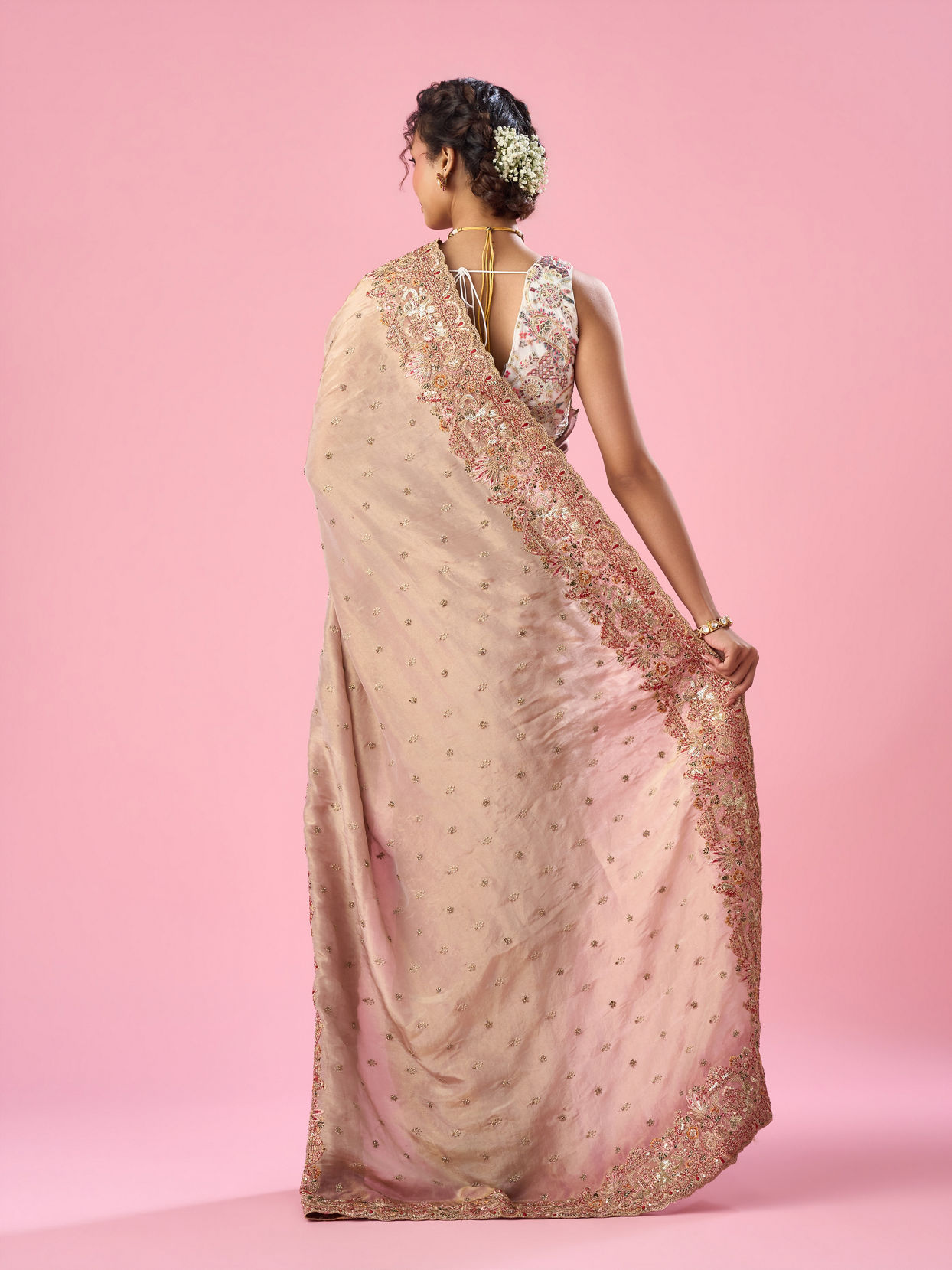 Mohey Women Light Pink Organza Saree with Hand Embroidery