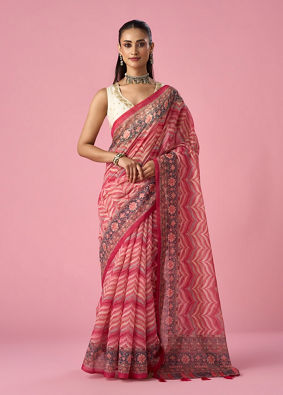 Mohey Women Pink Blended Cotton Saree with Floral Print
