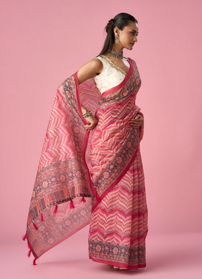 Mohey Women Pink Blended Cotton Saree with Floral Print