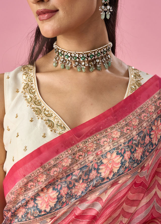 Mohey Women Pink Blended Cotton Saree with Floral Print