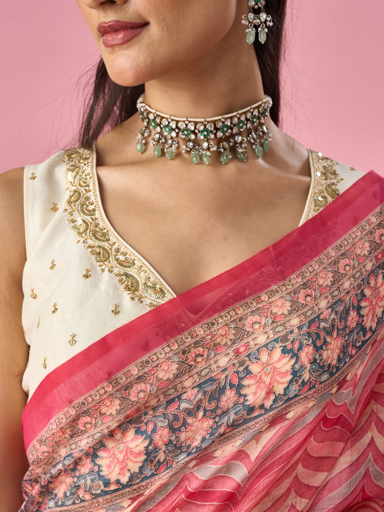 Mohey Women Pink Blended Cotton Saree with Floral Print