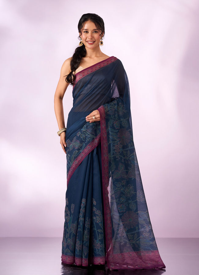 Mohey Women Indigo Blue Blended Cotton Saree with Print