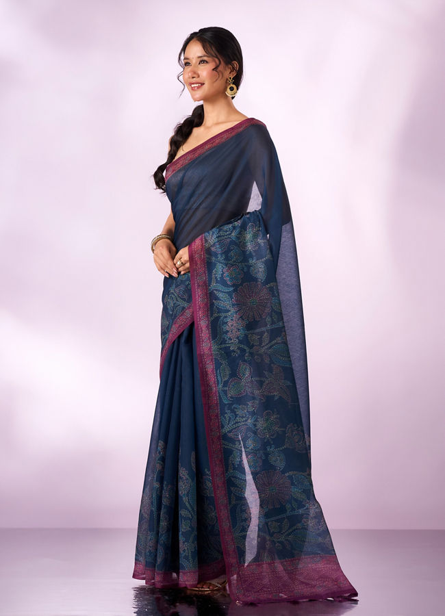 Mohey Women Indigo Blue Blended Cotton Saree with Print