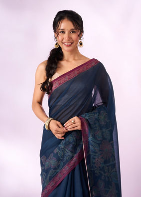 Mohey Women Indigo Blue Blended Cotton Saree with Print