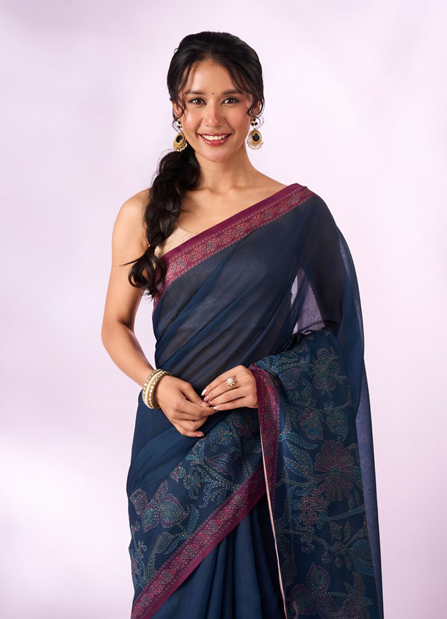 Mohey Women Indigo Blue Blended Cotton Saree with Print