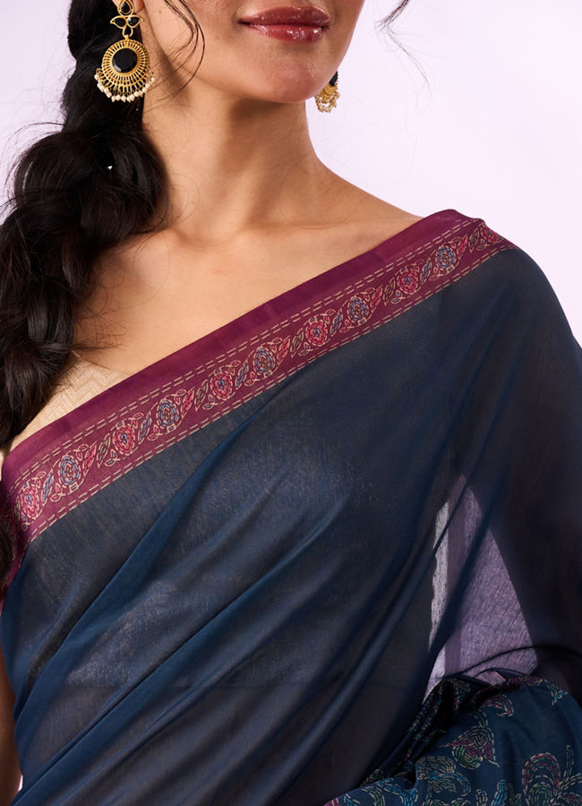 Mohey Women Indigo Blue Blended Cotton Saree with Print