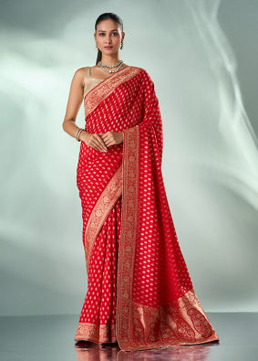 Mohey Women Red Art Silk Saree with Hand Embroidery