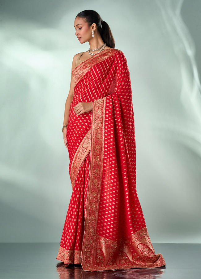 Mohey Women Red Art Silk Saree with Hand Embroidery