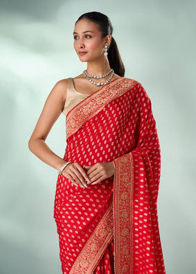 Mohey Women Red Art Silk Saree with Hand Embroidery