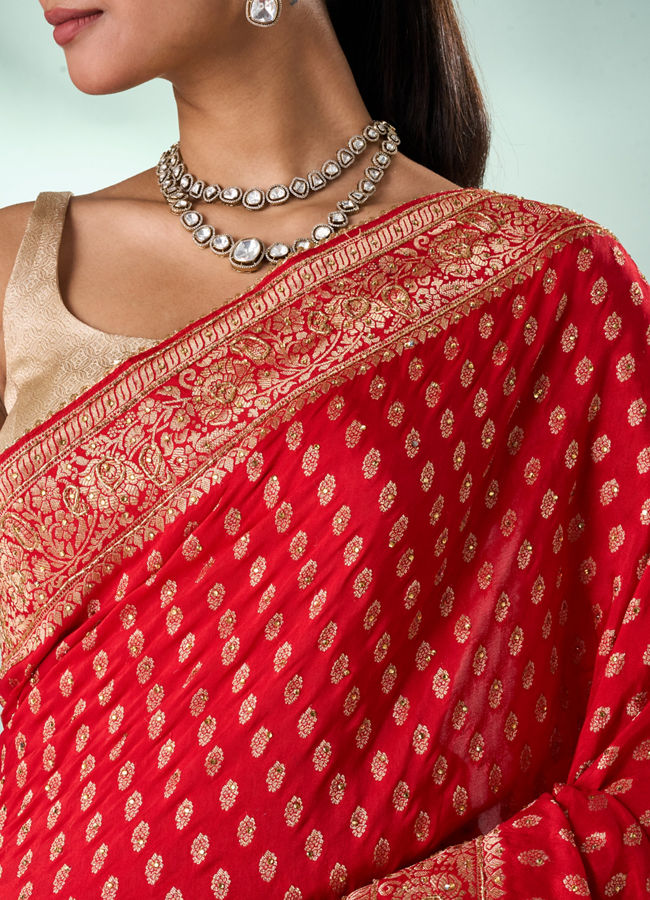 Mohey Women Red Art Silk Saree with Hand Embroidery