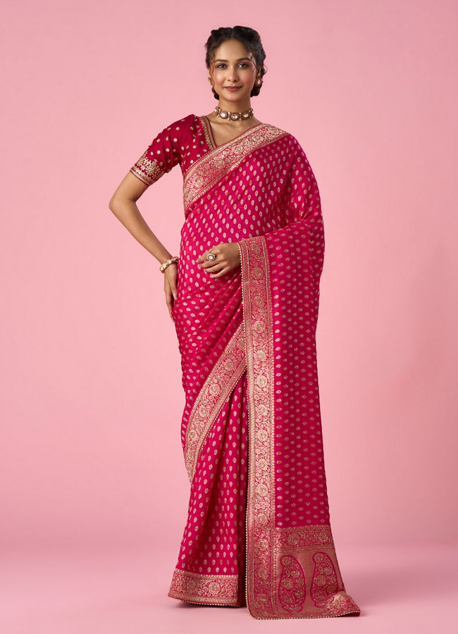 Mohey Women Pink Silk Saree with Hand Embroidery
