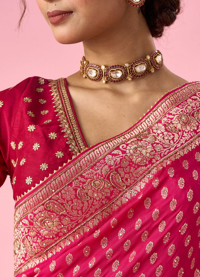 Mohey Women Pink Silk Saree with Hand Embroidery
