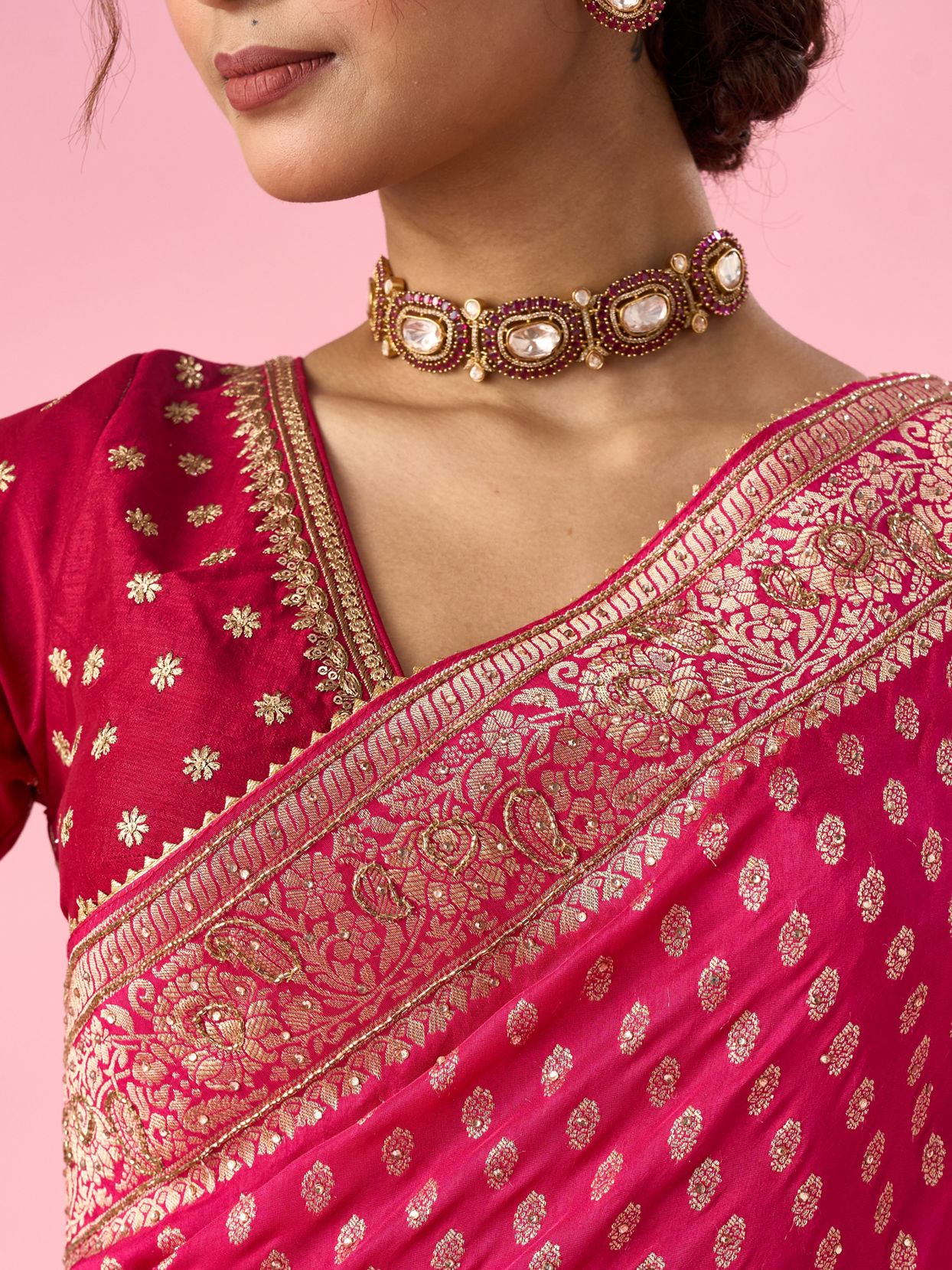 Mohey Women Pink Silk Saree with Hand Embroidery