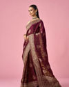 Mohey Women Wine Art Silk Banarasi Saree with Hand Embroidery