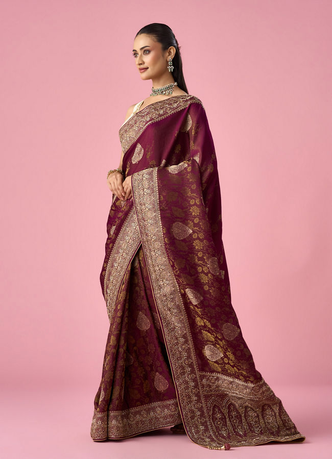 Mohey Women Wine Art Silk Banarasi Saree with Hand Embroidery