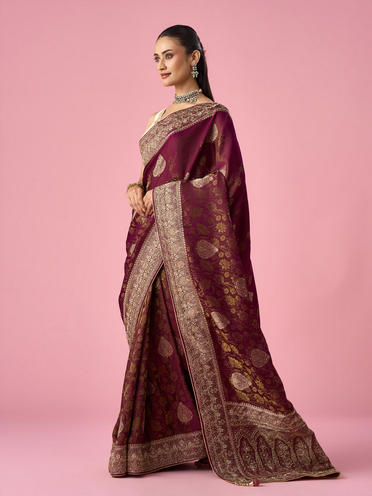 Mohey Women Wine Art Silk Banarasi Saree with Hand Embroidery