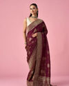 Mohey Women Wine Art Silk Banarasi Saree with Hand Embroidery