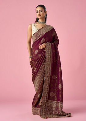 Mohey Women Wine Art Silk Banarasi Saree with Hand Embroidery