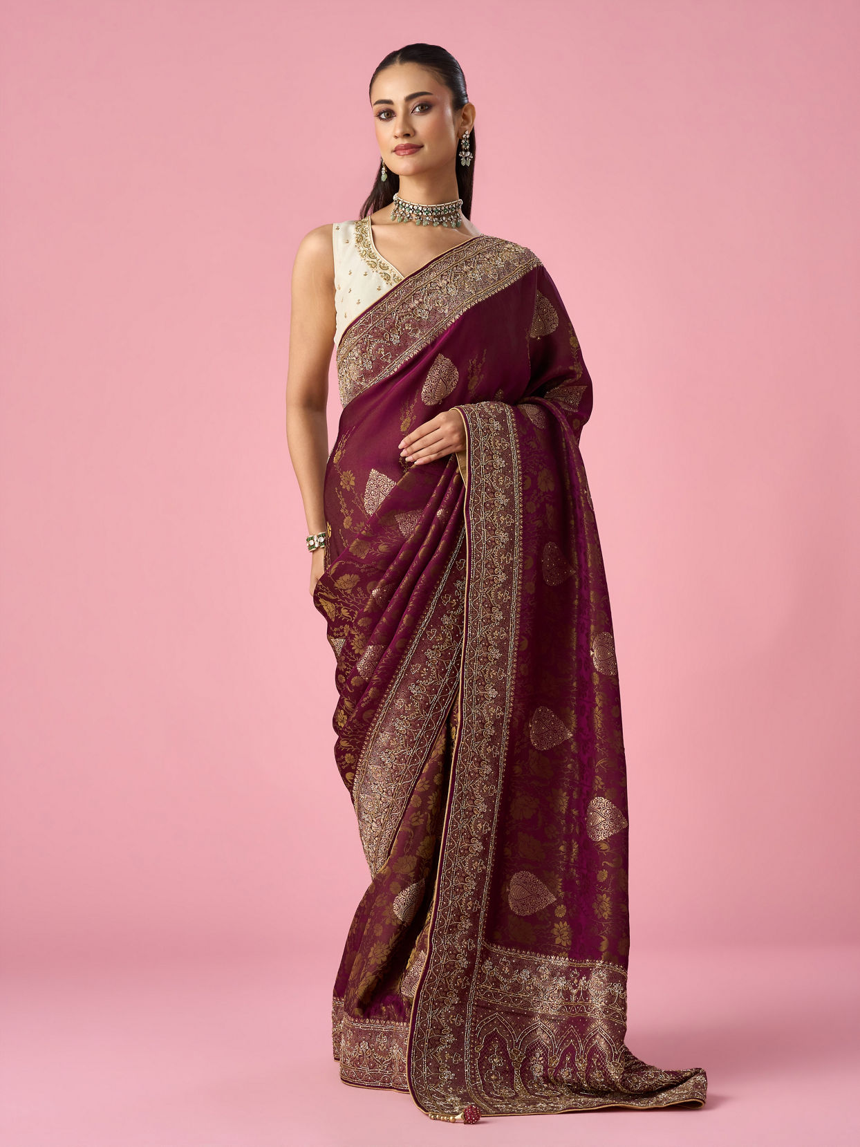 Mohey Women Wine Art Silk Banarasi Saree with Hand Embroidery