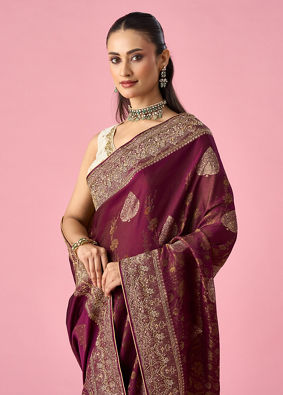Mohey Women Wine Art Silk Banarasi Saree with Hand Embroidery