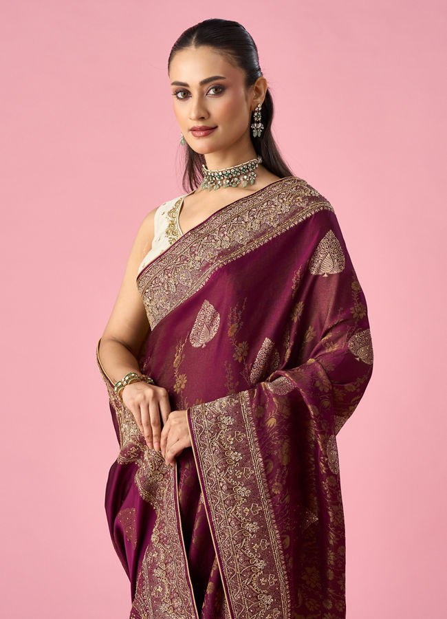 Mohey Women Wine Art Silk Banarasi Saree with Hand Embroidery
