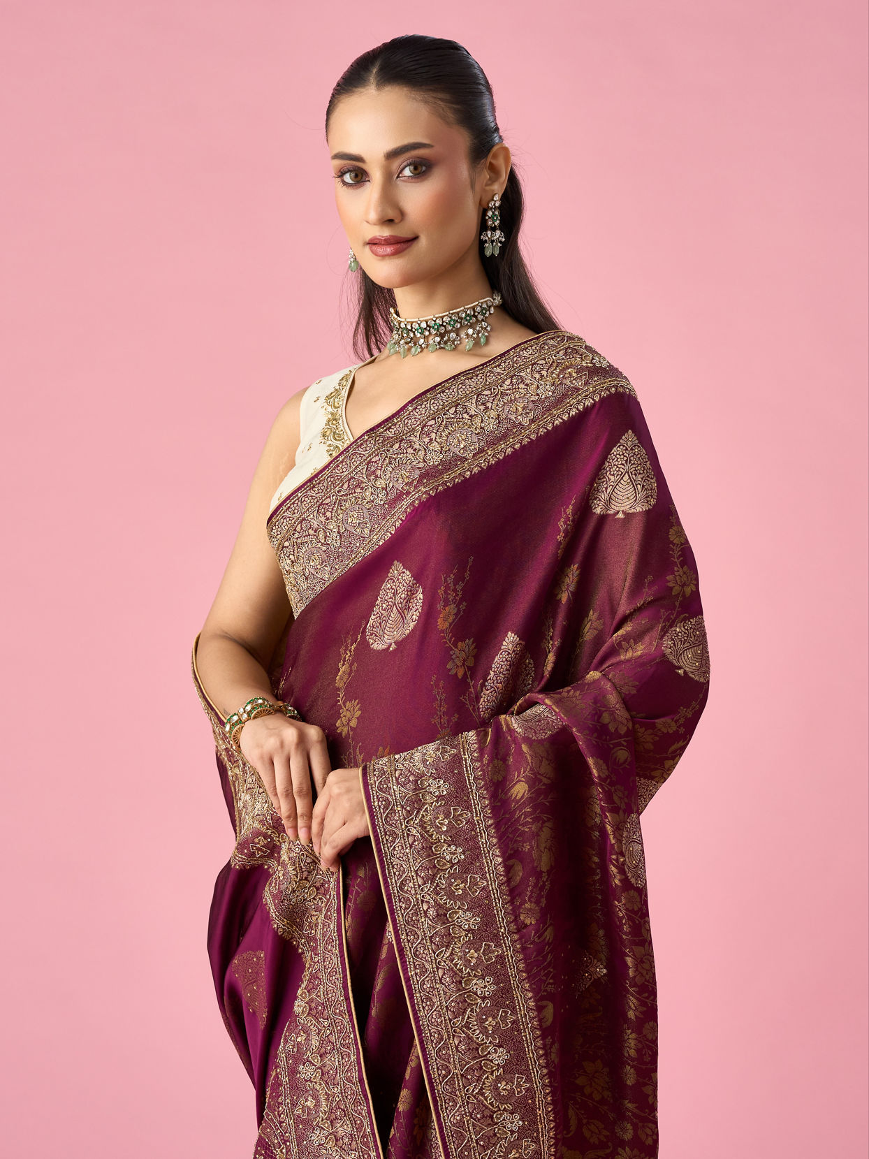 Mohey Women Wine Art Silk Banarasi Saree with Hand Embroidery