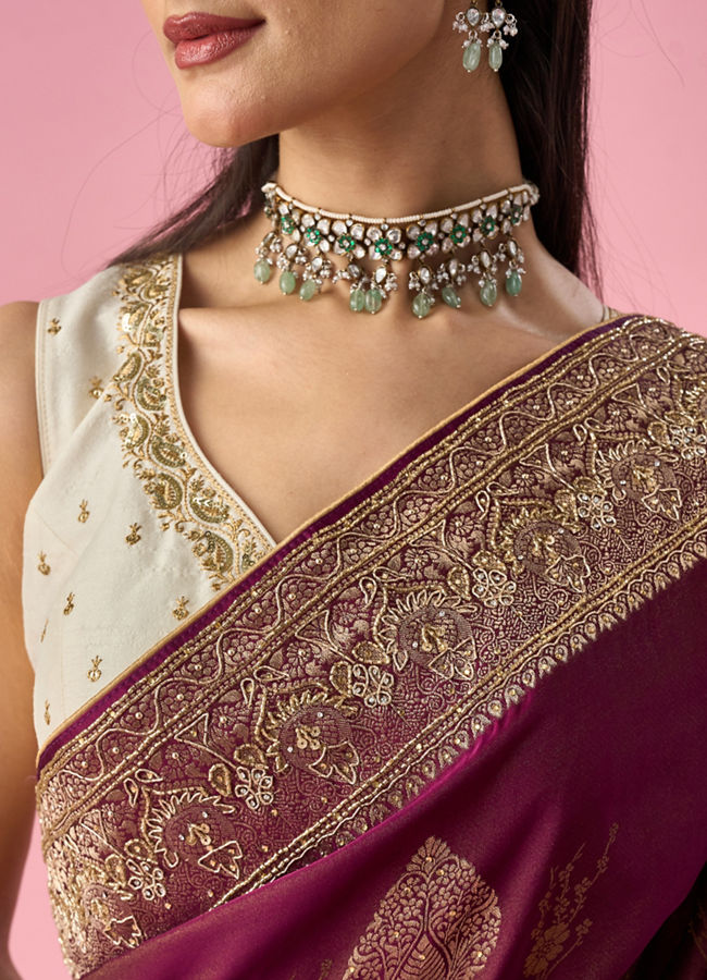 Mohey Women Wine Art Silk Banarasi Saree with Hand Embroidery